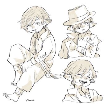 1boy ano_amesuke bare_shoulders closed_eyes crossed_arms earrings facial_hair facial_mark final_fantasy final_fantasy_xiv freckles goatee hair_over_one_eye hat highres jewelry lalafell limited_palette male_focus open_mouth pointy_ears signature single_earring smile suspenders warrior_of_light_(ff14)