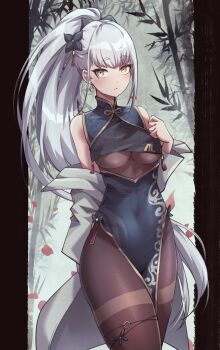 1girl absurdres ak-alfa_(girls&#039;_frontline) alternate_costume black_dress black_pantyhose breasts china_dress chinese_clothes clothing_cutout coat commentary covered_navel cowboy_shot cs_(connectedskyy) dress fine_fabric_emphasis girls&#039;_frontline girls&#039;_frontline_2:_exilium hair_ornament high_ponytail highres long_hair looking_at_viewer medium_breasts off_shoulder open_clothes open_coat outside_border pantyhose pelvic_curtain pillarboxed ponytail sidelocks sleeveless sleeveless_dress solo thighband_bodystocking tololo_(girls&#039;_frontline_2) underboob_cutout very_long_hair white_coat white_hair yellow_eyes