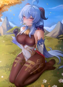 1girl absurdres ahoge bare_shoulders bell black_bodysuit blue_hair blue_sky bodystocking bodysuit breasts covering_own_mouth cowbell detached_collar detached_sleeves flower full_body ganyu_(genshin_impact) genshin_impact gloves goat_horns gold_trim grass highres horns large_breasts long_hair looking_at_viewer no_shoes on_grass outdoors ponytail puppnett purple_eyes red_rope rope sideboob sky solo vision_(genshin_impact)