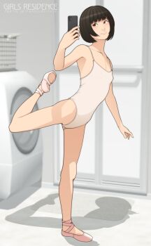 1girl 3d asian balancing black_hair bob_cut brown_eyes cellphone commentary_request door full_body highres holding holding_phone laundry_basket leotard mixed_media original phone selfie shadow shinchou_ni_kansuru_kousatsu smartphone smile solo standing standing_on_one_leg washing_machine watermark web_address white_leotard