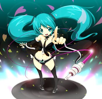 1girl :d absurdres alternate_costume aqua_eyes aqua_hair bridal_gauntlets detached_sleeves female_focus green_eyes hatsune_miku headphones heart highres long_hair looking_at_viewer navel necktie onija_tarou open_mouth plug pointing smile solo thighhighs twintails very_long_hair vocaloid zipper
