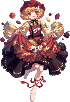 Rule 34 | 1girl, aki minoriko, apple, apron, barefoot, black dress, black ribbon, blonde hair, bra, choker, corn, crossed bandaids, dress, feet, food, frilled apron, frilled dress, frilled sleeves, frills, fruit, game cg, grape hat ornament, grapes, hat, highres, injury, kumio, leg ribbon, lifting own clothes, mob cap, non-web source, orange eyes, panties, pear, red apron, red hat, red ribbon, ribbon, ribbon choker, roasted sweet potato, shirt, sweet potato, sweet potato print, tachi-e, teardrop, toes, tomato, torn apron, torn clothes, torn dress, torn shirt, touhou, touhou blooming chaos, underwear, wheat, wheat print, white bra, white panties, yellow ribbon, yellow shirt