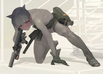 1girl :| absurdres animal_ears belt bodysuit cat_ears cat_girl closed_mouth commentary dynamic_pose english_commentary explosive facial_scar full_body glaring gloves grenade grey_hair gun hand_on_ground highres holding holding_gun holding_weapon impossible_bodysuit impossible_clothes limited_palette military original polilla polivia red_eyes scar scar_on_cheek scar_on_face serious shoes short_hair single_sidelock sketch skin_tight submachine_gun suppressor utility_belt uzi weapon white_bodysuit