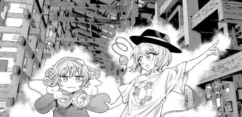 Rule 34 | 2girls, :3, :d, closed mouth, commentary request, expo2025, greyscale, hair ornament, hairband, heart, heart hair ornament, highres, holding hands, komeiji koishi, komeiji satori, monochrome, multiple girls, myaku-myaku, open mouth, pointing, print shirt, senmura, shirt, short hair, short sleeves, siblings, sisters, smile, t-shirt, third-party source, touhou