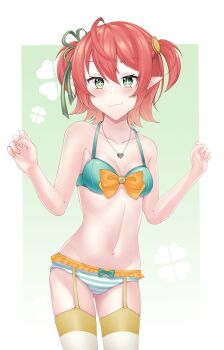 1girl absurdres belly blush blush_stickers bra breasts clover coin commission cross-shaped_pupils devaniart fuyo_cloverfield green_eyes hair_ornament hair_ribbon highres chromashift jewelry knee_up knees_up looking_at_viewer navel necklace nose panties pendant pointy_ears ribbon short_hair simple_background smile smug striped_clothes striped_panties symbol-shaped_pupils thighhighs thighs underwear virtual_youtuber white_background