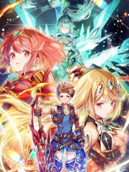 Rule 34 | armor, bare shoulders, blonde hair, blue bodysuit, blue vest, bodysuit, breasts, chest jewel, cleavage, closed eyes, closed mouth, commentary request, core crystal (xenoblade), cowboy shot, earrings, green hair, group picture, high ponytail, highres, holding, holding sword, holding weapon, jewelry, large breasts, long hair, mythra (xenoblade), pneuma (xenoblade), ponytail, pyra (xenoblade), red eyes, red hair, rex (xenoblade), short hair, sword, tiara, ui frara, upper body, vest, weapon, white armor, xenoblade chronicles (series), xenoblade chronicles 2, yellow eyes