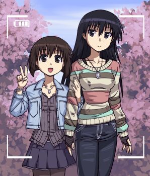 Rule 34 | 2girls, absurdres, azumanga daiou, black eyes, black hair, bracelet, breasts, brown eyes, brown hair, cherry blossoms, denim, denim jacket, fingerless gloves, gloves, hand on another's arm, highres, jacket, jeans, jewelry, kaori (azumanga daioh), loberbutcher, long hair, multiple girls, necklace, pants, pantyhose, pleated skirt, sakaki (azumanga daioh), short hair, skirt, striped clothes, striped sweater, sweater, viewfinder, white nails