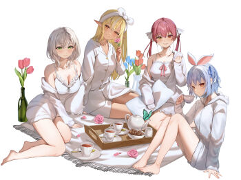 4girls absurdres animal_ears blonde_hair blue_hair bottle breasts camisole cleavage commentary_request cup dark_elf elf flower green_eyes grey_hair group_picture heterochromia highres holding holding_cup hololive hololive_fantasy hood hooded_jacket houshou_marine jacket large_breasts long_hair monokawa_(iurl1z) multiple_girls picnic pointy_ears rabbit_ears rabbit_girl red_eyes red_flower red_hair shiranui_flare shirogane_noel shirt short_hair shorts twintails usada_pekora virtual_youtuber white_camisole white_jacket white_shirt white_shorts yellow_eyes