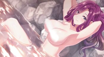 1girl animated animated_gif breast_expansion breasts completely_nude convenient_censoring female_focus highres huge_breasts large_breasts looking_at_viewer murasaki_yurika nude omega_labyrinth omega_labyrinth_life onsen purple_hair solo steam steam_censor u35