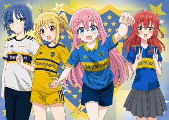 4girls ahoge blonde_hair blue_eyes blue_hair boca_juniors bocchi_the_rock! club_atletico_boca_juniors double_v fist football_uniform gotoh_hitori ijichi_nijika kita_ikuyo light_blush long_hair looking_at_viewer multiple_girls open_mouth pants pink_hair raised_fist red_eyes red_hair riokasen shirt short_hair shorts side_ponytail skirt smile sportswear t-shirt v yamada_ryo yellow_eyes