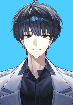 Rule 34 | 1boy, black eyes, black hair, black shirt, blue background, collared shirt, hair between eyes, hashtag-only commentary, highres, kim dokja, lapels, looking at viewer, male focus, notched lapels, omniscient reader's viewpoint, portrait, shirt, short hair, simple background, smile, solo, straight-on, yuzhouji guguwang