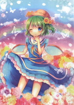 1girl ;) artbook artist_request back_bow blue_dress blue_eyes bow breasts brown_hat bug butterfly check_artist closed_mouth coa_(chroo_x) daiyousei dress fairy_wings flower frilled_dress frills green_hair hair_flower hair_ornament hand_on_own_chin hand_up hat highres insect light_particles one_eye_closed one_side_up pink_flower purple_flower rainbow ribbon sailor_collar scan skirt_hold small_breasts smile solo standing sun_hat touhou waist_ribbon white_butterfly white_sailor_collar wings yellow_flower yellow_ribbon