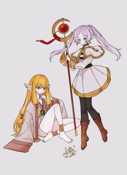 2girls absurdres anklet barefoot belt black_belt black_pantyhose blonde_hair boots brooch brown_boots brown_eyes capelet closed_mouth commentary_request earclip earrings elf fan_request flower frieren full_body gold_trim green_eyes grey_background grey_hair grey_robe grey_shirt grey_shorts hair_tubes high_collar highres holding holding_staff jacket jewelry knee_up light_blush limo_nine long_hair long_pointy_ears looking_at_object looking_down low-tied_sidelocks mage_staff multiple_girls odaibako pantyhose parted_bangs pointy_ears robe serie_(sousou_no_frieren) shirt short_shorts shorts sidelocks simple_background sitting skirt sousou_no_frieren staff standing striped_clothes striped_shirt twintails very_long_hair white_capelet white_jacket white_shirt white_skirt