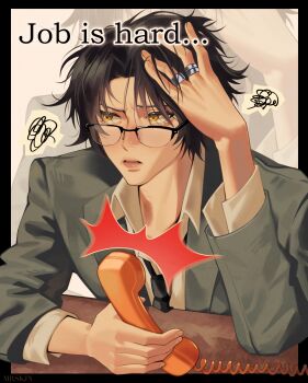 1boy absurdres arm_rest artist_name asaba_harumasa black_border black_hair black_necktie border commentary corded_phone desk elbow_rest english_commentary glasses green_jacket hand_on_own_head highres holding holding_phone jacket jewelry looking_to_the_side male_focus mrskjn multiple_rings necktie official_alternate_costume parted_bangs parted_lips phone ring shirt short_hair shout_lines silver_ring solo spoken_squiggle squiggle suit_jacket upper_body white_shirt yellow_eyes zenless_zone_zero zoom_layer