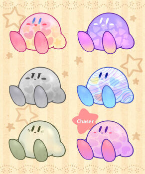 :o annoyed beco_(100me) black_eyes blue_eyes blue_footwear blue_skin blush_stickers closed_mouth colored_skin green_footwear green_skin grey_footwear grey_skin heart highres kirby kirby_(series) nintendo no_humans open_mouth pink_skin purple_footwear purple_skin red_footwear shadow_kirby shoes sitting smile solid_oval_eyes star_(symbol) star_symbol_background striped_background triangle variations void_soul void_termina white_eyes yellow_background