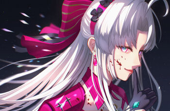 1girl 8k_u aqua_eyes black_gloves blood blood_on_face bow carlotta_(wuthering_waves) commentary_request earrings finger_to_mouth gloves grey_hair hair_bow hairband highres index_finger_raised jacket jewelry long_hair looking_at_viewer pink_bow pink_hairband pink_jacket portrait shushing solo striped_bow wuthering_waves