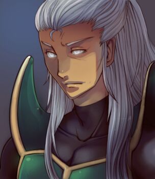 Rule 34 | 1boy, angry, armor, bloomseed, dark skin, deviantart, frown, glowing, glowing eyes, gradient background, hotaru (mortal kombat), long hair, male focus, matching hair/eyes, mortal kombat (series), simple background, solo, upper body, white eyes, white hair