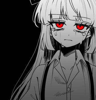 1girl black_background bow closed_mouth collared_shirt commentary_request crying crying_with_eyes_open fujiwara_no_mokou greyscale hair_bow highres long_hair looking_at_viewer monochrome red_bow red_eyes sad shirt simple_background solo spot_color suspenders tamiko_(tamik0224) tears touhou