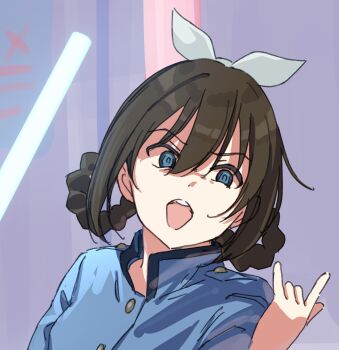 1girl \m/ blue_dress blue_eyes braid braided_hair_rings brown_hair coat_dress dress glowstick hair_rings highres holding holding_glowstick looking_at_viewer love_live! love_live!_nijigasaki_high_school_idol_club love_live!_nijigasaki_high_school_idol_club_the_movie_-_finale love_live!_series_asia_tour_2024 maeda_kaori medium_hair official_alternate_hairstyle open_mouth osaka_shizuku penlight_(glowstick) rise_up_high!_(love_live!) ryouran!_victory_road_(love_live!) solo tata_(tataice) uneven_eyes upper_body voice_actor_connection