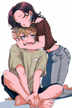 1boy 1girl 7skk :o animal_ear_fluff asymmetrical_bangs barefoot black_hair blonde_hair blue_eyes blue_pants blue_shorts blush_stickers breast_press breasts brown_shirt chin_rest closed_eyes collarbone crop_top curtained_hair denim earrings eyelashes fang feet_out_of_frame fingernails frilled_shirt frills full_body furrowed_brow hair_behind_ear hair_between_eyes hand_on_another&#039;s_head hand_on_own_leg head_hug head_on_head head_rest hetero highres hyena_boy hyena_ears hyena_tail indian_style jeans jewelry kneeling looking_at_viewer medium_hair multicolored_hair oc_x_canon off-shoulder_shirt off_shoulder open_mouth original pants raised_inner_eyebrows rectangular_mouth ribbed_shirt roots_(hair) ruggie_bucchi shadow shirt short_hair shorts silver_earrings simple_background single_blush_sticker sitting small_breasts small_sweatdrop t-shirt tareme twisted_wonderland u_u v-shaped_eyebrows white_background