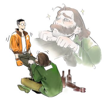Rule 34 | 2boys, alcohol, black hair, blazer, bomber jacket, bottle, brown hair, buzz cut, disco elysium, facial hair, full body, glasses, gloves, green jacket, hair slicked back, hands on another's legs, harry du bois, highres, invisible chair, jacket, kim kitsuragi, male focus, mullet, multiple boys, mutton chops, orange gloves, orange jacket, pleading eyes, short hair, sitting, uni barti, very short hair