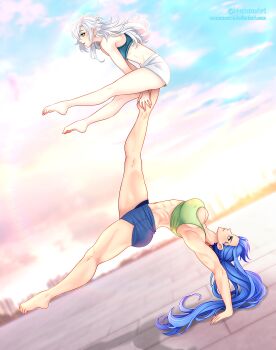 2girls abs absurdres acrobatics blue_eyes blue_hair blue_sky breasts cloud commentary commission crop_top denim denim_shorts deviantart_username eiyuu_densetsu english_commentary fie_claussell full_body highres large_breasts laura_s._arseid long_hair manu-chann multiple_girls muscular muscular_female outdoors ponytail sen_no_kiseki_(series) shorts sky twitter_username wavy_hair white_hair yellow_eyes
