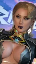 1girl animated audible_music black_gloves black_jacket black_lips black_shorts black_thighhighs blonde_hair breasts chain chain_belt cleavage_cutout clothing_cutout copyright_name cosplay diamond-shaped_earrings diamond_(gemstone) earrings elizabeth_rage emma_frost emma_frost_(cosplay) emma_frost_(marvel_rivals) emma_frost_(x-revolution) eyeshadow female_focus gloves gold_chain highres jacket jewelry large_breasts lipstick makeup marvel marvel_rivals open_clothes open_jacket short_hair shorts smile solo sound teeth thighhighs video wagging_finger walking x-men