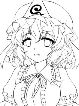 Rule 34 | 1girl, blurry, blurry background, breasts, commentary request, hat, high contrast, looking at viewer, mob cap, monochrome, open mouth, s1a1nokoka, saigyouji yuyuko, short hair, solo, touhou, triangular headpiece, upper body