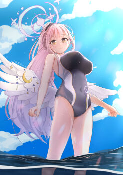 1girl absurdres artist_name black_one-piece_swimsuit blue_archive blue_sky breasts chinese_commentary closed_mouth cloud commentary competition_school_swimsuit covered_navel day halo highres implied_pregnancy large_breasts long_hair looking_at_viewer mika_(blue_archive) mixed-language_commentary on_water one-piece_swimsuit outdoors pink_hair pink_halo ponytail pregnancy_halo school_swimsuit sky smile solo swimsuit trinity_general_school_swimsuit white_wings wing_ornament wings yellow_eyes yuzuhara1017