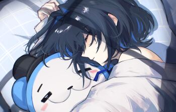 1girl absurdres bed_sheet black_hair blue_hair closed_eyes closed_mouth colored_inner_hair commentary dated_commentary english_commentary from_above hair_intakes highres hololive hololive_english hunk_404 kronie_(ouro_kronii) lying multicolored_hair off_shoulder ouro_kronii shirt short_hair sleeping solo virtual_youtuber white_shirt