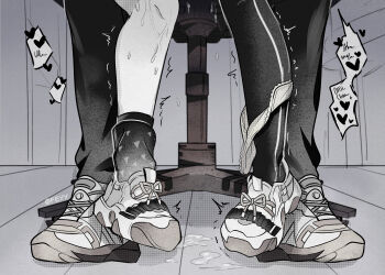 1boy 1girl artist_name belle_(zenless_zone_zero) black_pants black_thighhighs brother_and_sister chair chair_sex clothed_sex commentary_request duplicate english_text felichiii floor greyscale hanging_legs head_out_of_frame heavy_breathing hetero highres implied_sex incest leg_focus moaning monochrome office_chair on_chair panties panties_around_leg pants pussy_juice pussy_juice_drip_through_clothes pussy_juice_puddle reverse_cowgirl_position shoes siblings single_thighhigh sitting sitting_on_lap sitting_on_person sneakers socks straddling swivel_chair thighhighs twitching underwear view_between_legs wise_(zenless_zone_zero) zenless_zone_zero