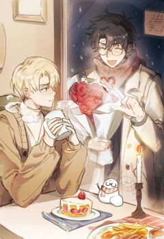 2boys ashaoguant60501 black_hair blonde_hair bouquet cake candle candlestand closed_eyes closed_mouth coat coffee_mug cup draco_malfoy elbows_on_table eyebrows_hidden_by_hair flower food fork french_fries fruit glasses grey_eyes harry_potter harry_potter_(series) heart holding lightning_bolt_symbol looking_at_another male_focus messy_hair mug multiple_boys napkin open_mouth parted_bangs red_flower scar scar_on_face scar_on_forehead scarf sign snowman steam strawberry striped_clothes striped_scarf table teacup turtleneck window winter_clothes wizarding_world yaoi
