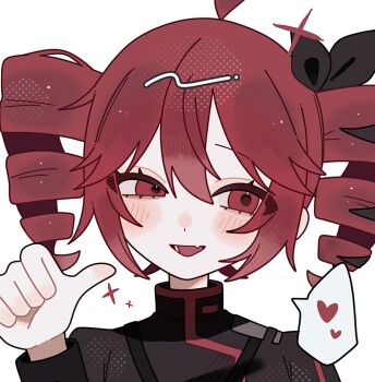 1girl :d ahoge black_jacket black_ribbon blunt_bangs blush_stickers commentary_request double-parted_bangs fang hair_between_eyes hair_ribbon hand_up heart highres jacket kasane_teto kasane_teto_(sv) long_sleeves looking_to_the_side making-of_available okayu_(okayuyuyu2) open_mouth portrait red_eyes red_hair ribbon short_hair sidelocks simple_background skin_fang smile solo sparkle spoken_heart synthesizer_v utau white_background