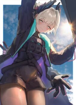 1girl absurdres arknights black_coat black_gloves black_shirt black_shorts blurry closed_mouth coat commentary_request day depth_of_field extra_arms from_below gloves grey_eyes highres light_blush long_sleeves looking_at_viewer matsuoka_(mtok_0) open_clothes open_coat outdoors partial_commentary pink_gloves pouch purple_coat raidian_(arknights) shirt short_hair shorts smile solo standing strap sun two-sided_coat two-sided_fabric unusually_open_eyes unzipped v white_hair zipper