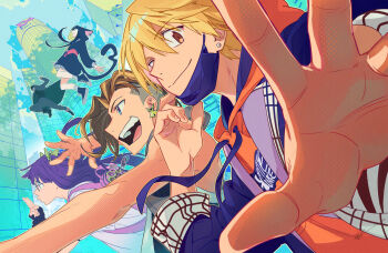 1boy 2girls 3boys animal_hood belt black_coat black_hair black_hoodie black_mask black_vest blonde_hair building cat_hood city coat ear_piercing face_mask furesawa_tosai glasses green_ribbon hair_ribbon hand_signs hood hoodie jumping kanade_rindo leaping long_hair mask minamimoto_sho mouth_mask multicolored_hair multiple_boys multiple_girls open_mouth orange_hoodie outdoors pants piercing purple_hair ribbon round_eyewear sakurane_shoka shin_subarashiki_kono_sekai shirt shoes smile sneakers subarashiki_kono_sekai sweatpants two-tone_hair undercut usui_nagi vest white_shirt