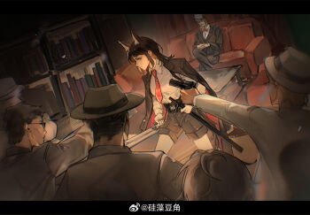 1girl 5boys animal_ears arknights bang_dream! bang_dream!_it's_mygo!!!!! black_gloves black_hair black_jacket black_shorts blue_eyes bookshelf closed_mouth collared_shirt commentary couch crossed_legs formal_clothes gloves gui_zao_doujiao gun hat highres holding holding_gun holding_sword holding_weapon indoors jacket jacket_on_shoulders kemonomimi_mode letterboxed long_sleeves medium_hair multiple_boys necktie outstretched_arm people red_necktie shirt shorts sitting standing suit surrounded sword symbol-only_commentary table watermark weapon weibo_watermark white_shirt wolf_ears wolf_girl yahata_umiri yahata_umiri_(lupo) yahata_umiri_(moonlight_executioner)