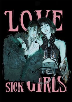 2girls belt black_background black_hair blackpink bob_cut chain closed_eyes closed_mouth collared_shirt earrings hashtag-only_commentary hoop_earrings iiiiben jennie_(blackpink) jewelry lisa_(blackpink) multiple_girls shirt simple_background song_name