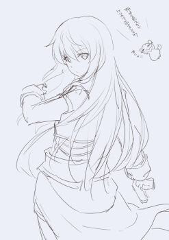 1girl closed_mouth commentary_request greyscale gun holding holding_gun holding_weapon kiikii_(kitsukedokoro) long_hair looking_at_viewer maria_traydor monochrome simple_background sketch smile solo star_ocean star_ocean:_till_the_end_of_time tales_of_(series) teepo_(tales) weapon white_background