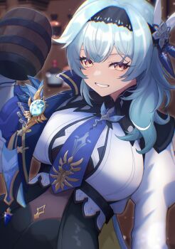 1girl absurdres black_hairband blue_hair blue_necktie breasts clenched_teeth clothing_cutout cup eula_(genshin_impact) genshin_impact hairband highres holding holding_cup indoors kirima_(kirim_ld_0617) large_breasts looking_at_viewer medium_hair necktie orange_eyes shoulder_cutout smile solo tankard tavern teeth upper_body vision_(genshin_impact)