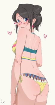 1girl ass bikini black_hair blue_eyes blush commentary_request double_bun earrings good_ass_day hair_bun heart highres idolmaster idolmaster_shiny_colors jewelry mitsumine_yuika multicolored_bikini red-framed_eyewear side-tie_bikini_bottom signature simple_background smile solo starfish_earrings swimsuit yellow_bikini ywr
