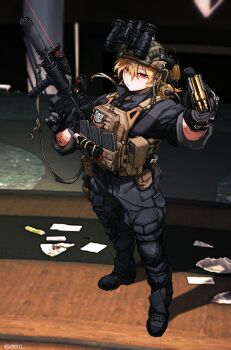 1girl absurdres american_flag ammunition_pouch assault_rifle black_gloves black_pants black_shoes blonde_hair brown_vest bulletproof_vest combat_helmet commentary commission epakim escape_from_tarkov full_body game_screenshot_background gloves gun gun_sling helmet highres holding holding_gun holding_magazine_(weapon) holding_weapon knee_pads looking_at_viewer m4_carbine magazine_(weapon) mechanix_wear night_vision_device original pants pouch red_eyes rifle scar scar_across_eye scar_on_face screenshot_background shoes single_knee_pad solo standing suppressor tactical_clothes vest weapon