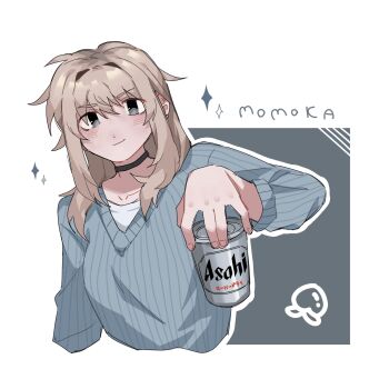 1girl beer_can black_choker blue_sweater blush can character_name choker closed_mouth commentary drink_can girls_band_cry grey_eyes grey_hair highres holding holding_can kawaragi_momoka long_hair maegkaen multicolored_hair outline ribbed_sweater roots_(hair) smile solo sweater white_outline
