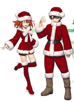 Rule 34 | 1boy, 1girl, belt, black belt, black hair, blue eyes, boots, bow, brown boots, chest bow, christmas, command spell, crossed bangs, fate/grand order, fate (series), fujimaru ritsuka (female), fujimaru ritsuka (female) (white christmas), fujimaru ritsuka (male), fujimaru ritsuka (male) (white christmas), full body, fur-trimmed boots, fur-trimmed headwear, fur-trimmed jacket, fur-trimmed sleeves, fur trim, hair between eyes, hand up, hat, high heel boots, high heels, jacket, long sleeves, looking at viewer, non-web source, official alternate costume, official art, one eye closed, open mouth, orange hair, pants, pom pom (clothes), red boots, red hat, red jacket, red pants, santa costume, santa hat, short hair, side ponytail, simple background, smile, standing, standing on one leg, teeth, thigh boots, tongue, transparent background, white bow, wide sleeves, yellow eyes