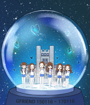 Rule 34 | > <, 6+girls, ^ ^, blue butterfly, blue shorts, blue theme, blunt bangs, brown hair, bug, butterfly, closed eyes, dated, eunha (gfriend), full body, gfriend, group name, hashtag-only commentary, holding hands, insect, long hair, multiple girls, school, shoes, shorts, sinb (gfriend), sowon (gfriend), twintails, umji (gfriend), white shoes, yerin (gfriend), yuju (gfriend), yuringi