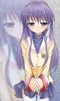 Rule 34 | 00s, 1girl, clannad, female focus, fujibayashi kyou, fujieda hiro, image sample, long hair, pixiv sample, purple eyes, purple hair, resized, school uniform, solo, tears, thighhighs, zoom layer