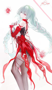 1girl bandaged_arm bandages bare_shoulders black_pantyhose black_shorts blood bloody_tears braid breasts closed_mouth commentary detached_sleeves dress feet_out_of_frame fingernails flower from_side grey_eyes grey_hair halter_dress halterneck heterochromia highres long_hair looking_at_viewer looking_to_the_side low_twin_braids medium_breasts multicolored_hair nail_polish omone_hokoma_agm pantyhose phrolova_(wuthering_waves) red_dress red_eyes red_nails shorts signature single_detached_sleeve solo spider_lily streaked_hair twin_braids very_long_hair wuthering_waves