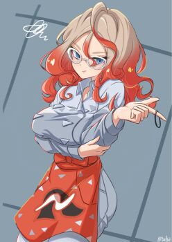 1girl alternate_hairstyle apron arm_under_breasts blue_eyes blush breasts closed_mouth collared_shirt glasses gradient_hair grey_shirt grey_skirt griselle_(pokemon) hair_down hair_tie highres holding holding_hair_tie large_breasts looking_at_viewer mochitaro_(mothitaroo) multicolored_hair nintendo orange_apron pantyhose pokemon pokemon_legends:_z-a print_apron red_hair shirt skirt squiggle two-tone_hair waist_apron white-framed_eyewear white_pantyhose