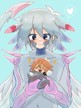 Rule 34 | 1boy, absurdres, black eyes, blue background, blue fur, blue hair, blue wings, body fur, character doll, claws, commentary request, doll, fang, fang out, feathered wings, hands up, heart, highres, holding, holding doll, male focus, monster boy, natsu haru, randal's friends, randal ivory, short hair, simple background, solo, spoken heart, tail, tsukada satoru, upper body, wings