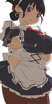 1girl aonori_misuji apron arato_nagi blue_eyes blue_hair blue_shirt blue_skirt breasts brown_pantyhose chisel closed_mouth commentary_request cowboy_shot ear_piercing earrings frilled_skirt frills from_below heart heart_earrings holding_chisel jewelry large_breasts light_smile looking_at_viewer maid maid_apron maid_headdress necktie official_alternate_costume pantyhose piercing puffy_short_sleeves puffy_sleeves red_necktie ruri_no_houseki shirt short_hair short_sleeves sidelighting simple_background skirt white_background