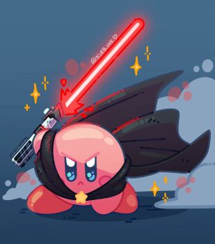 aimaay artist_name black_cape blush cape closed_mouth commentary energy_sword english_commentary fog highres holding holding_weapon kirby kirby_(series) lightsaber looking_at_viewer may_the_4th nintendo no_humans red_lightsaber shadow sith solo star_(symbol) star_wars sword weapon